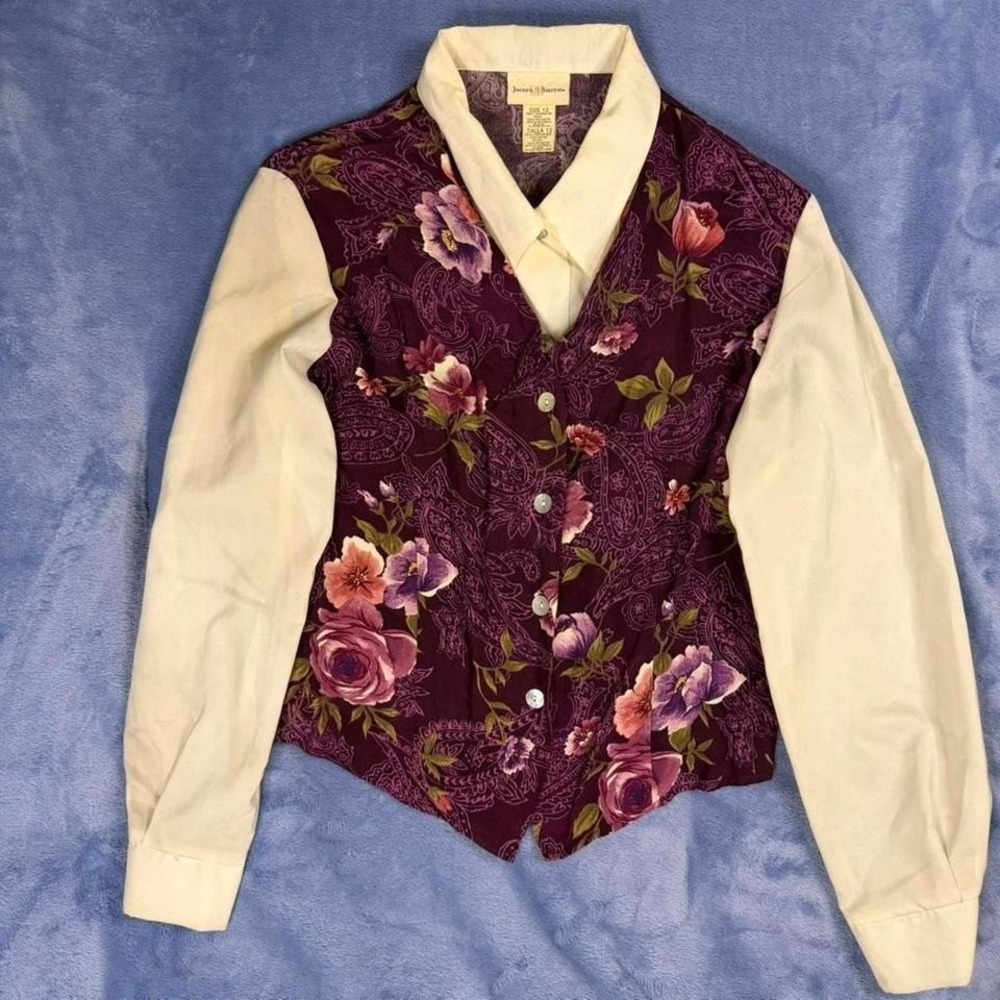 Vintage Jaclyn Smith purple floral button up‎ blouse with white sleeves Size 12